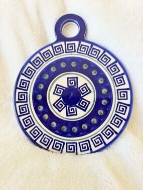 Boleslawiec Poland Ceramic Trivet with Hanging Loop - Greek Key Pattern - Blue